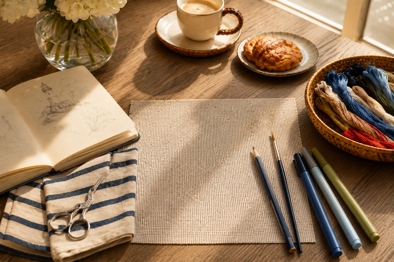 Table setting with notebook, pen, yarn, and cup of coffee on a wooden surface.
